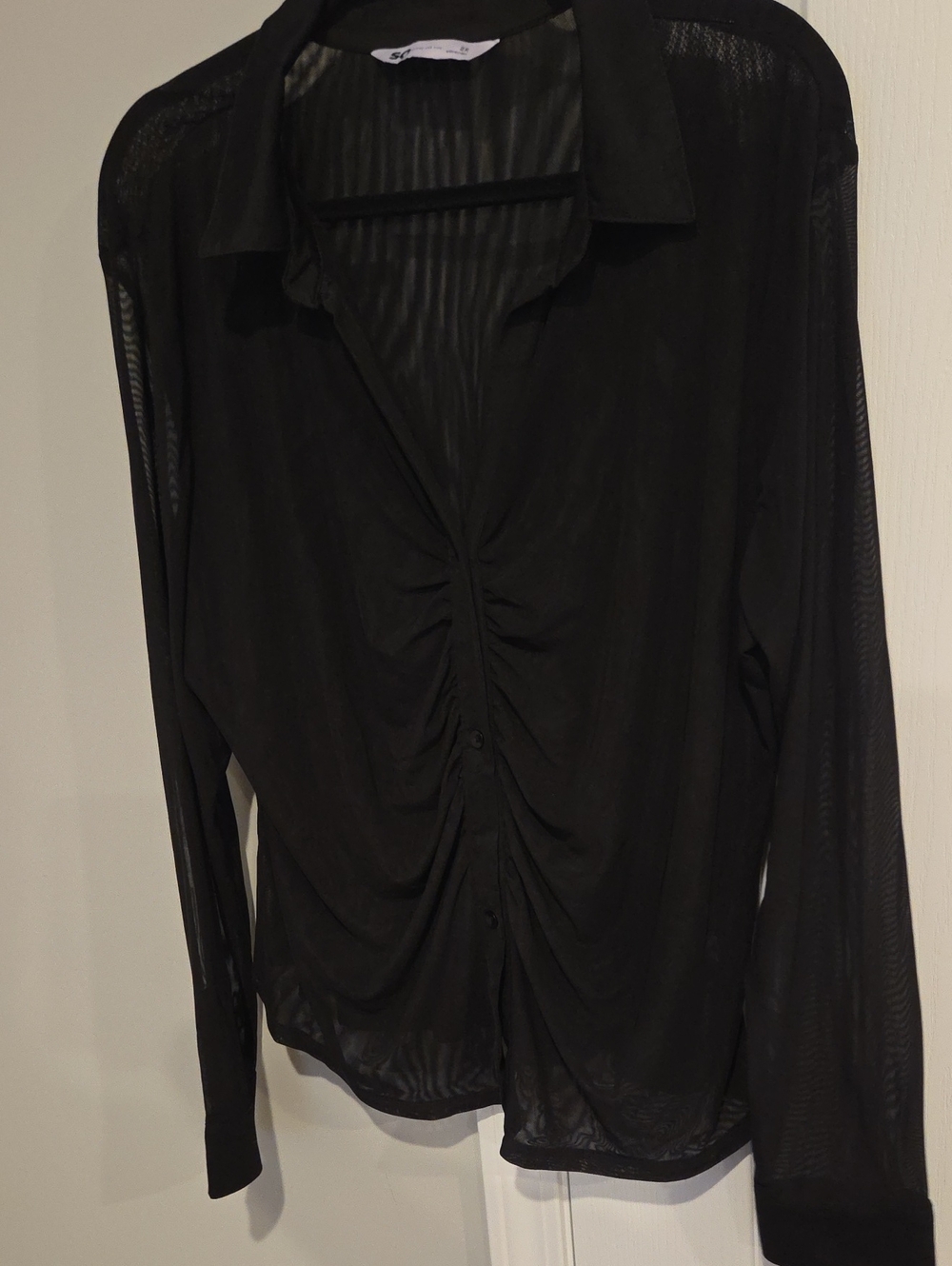 SO Black Ruched Button-Front Sheer Blouse